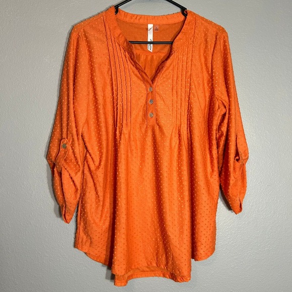 NY Collection Tunic Blouse Roll-Tab Sleeve Textured Button Up Orange 1X - Picture 1 of 6